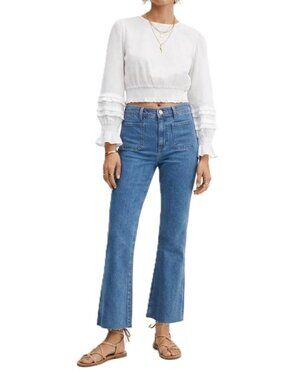 MANGO Patch Pocket Flare Jeans Size 4 High Rise Blue Retro Raw Hem EUC